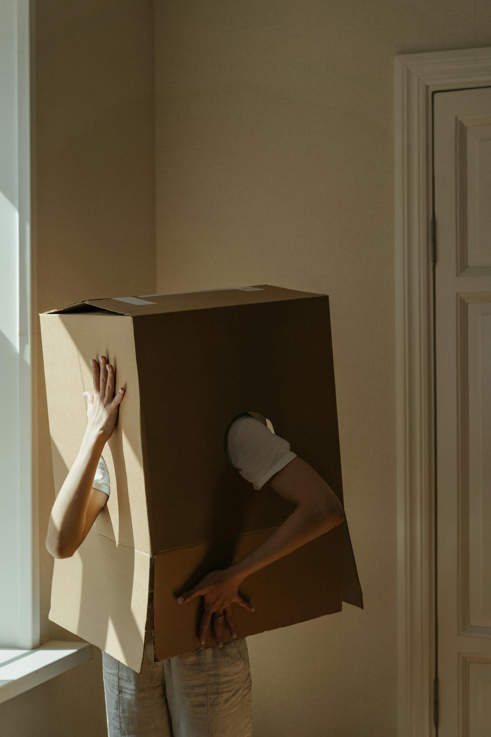 Person wearing a cardboard box as a costume, standing by a window.